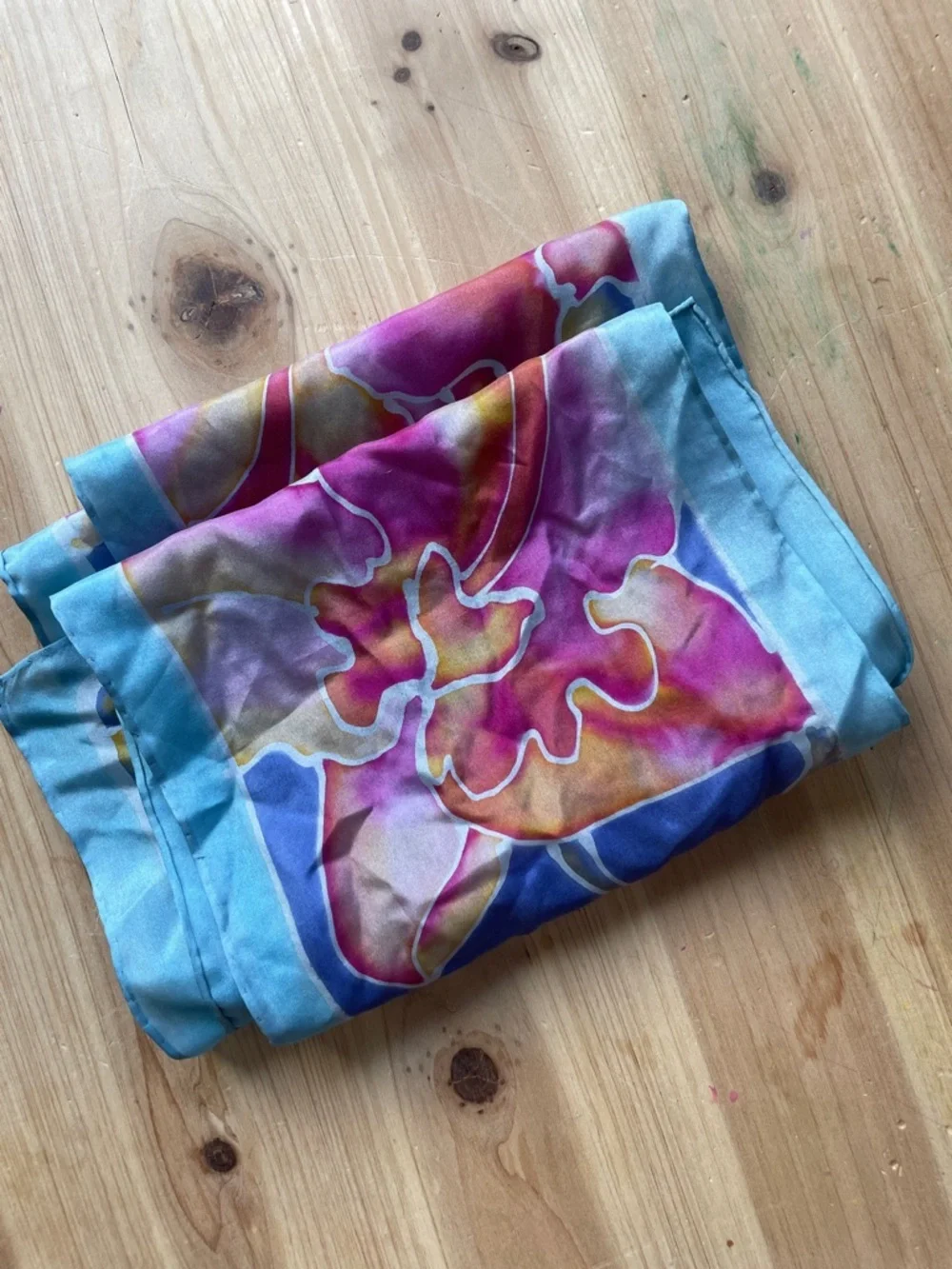 Hand Painted Floral Silk Scarf in Blue, Pink & Purple